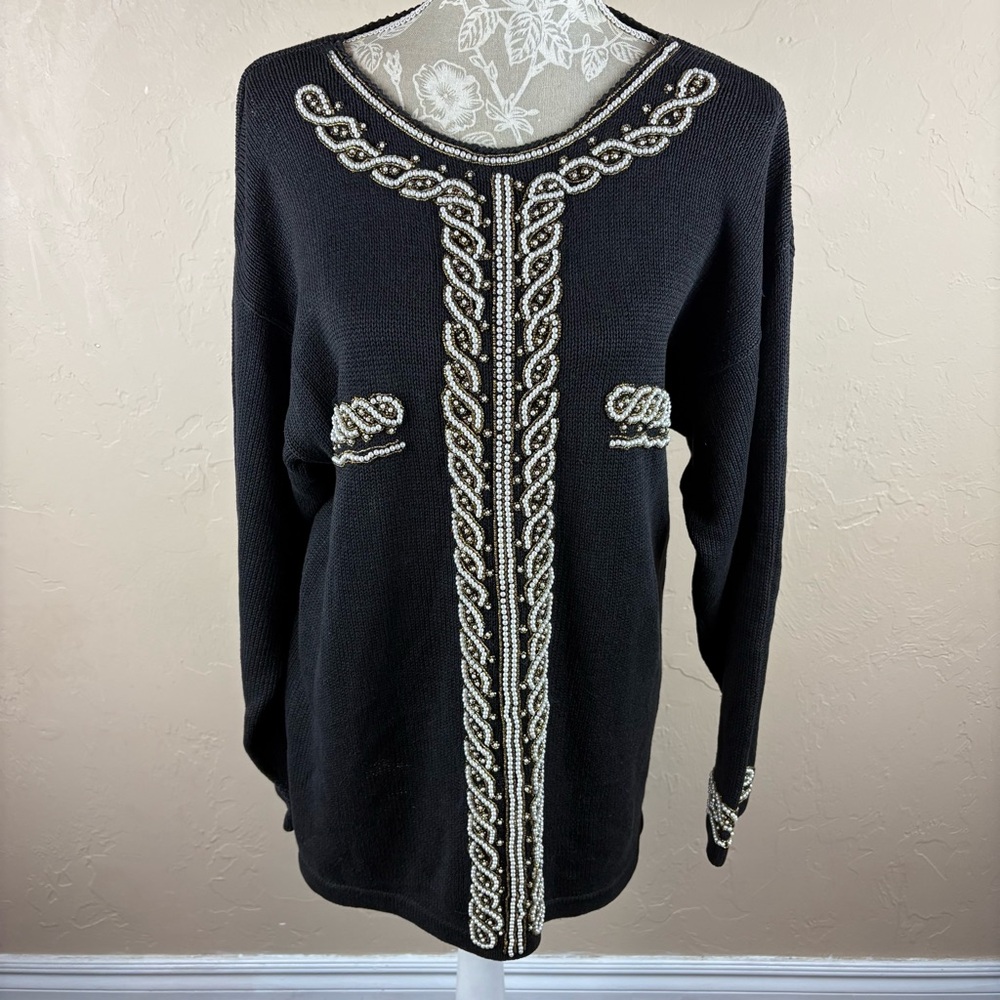 Victoria Harbour Vintage Sweater Black Knit Pullover Beige Gold Bead Design Sz M